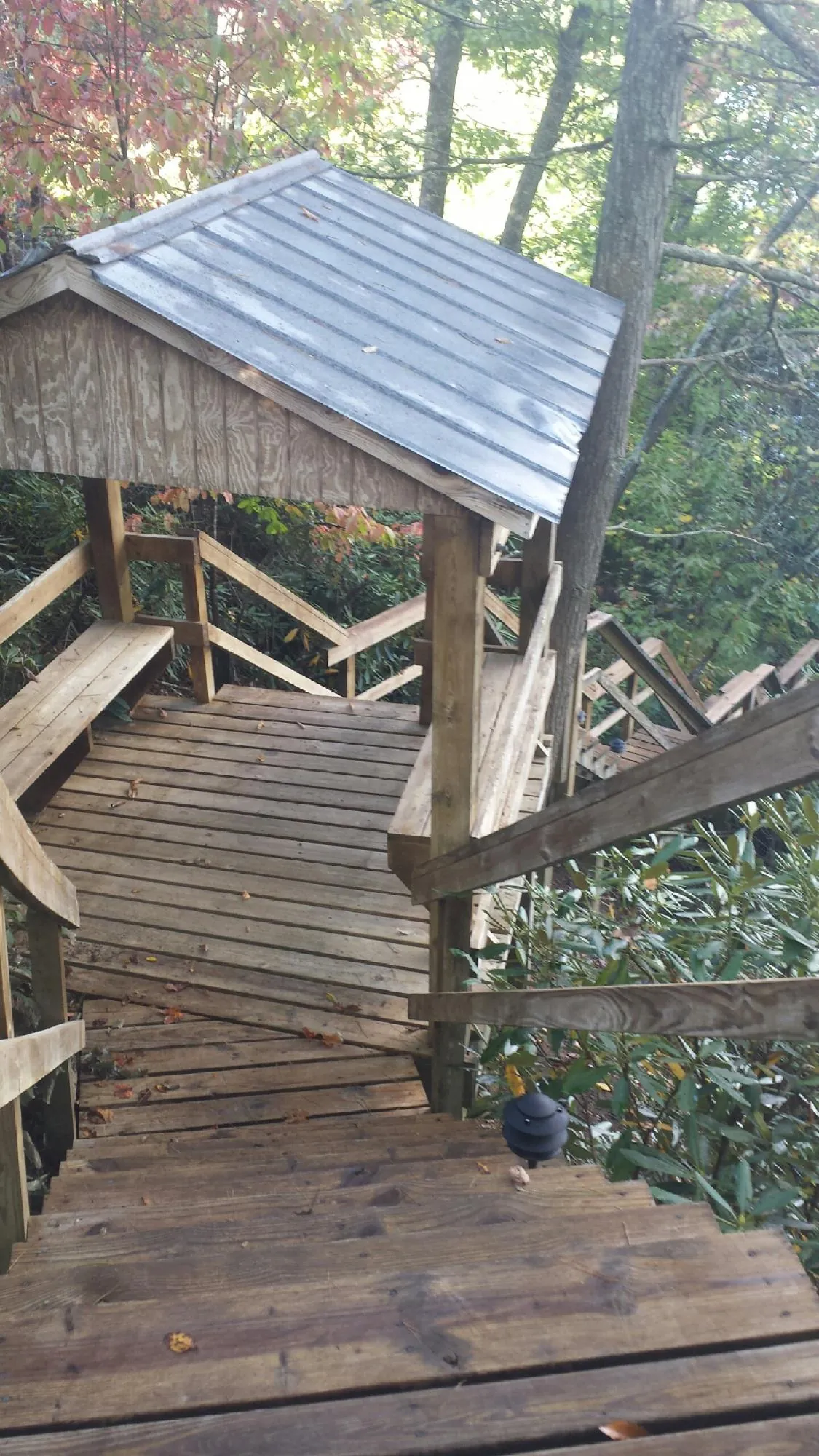 Metal roofed shelter over wooden steps on a wooded walkway — Skylight Repair & Installation work by our crew in Spurgeon